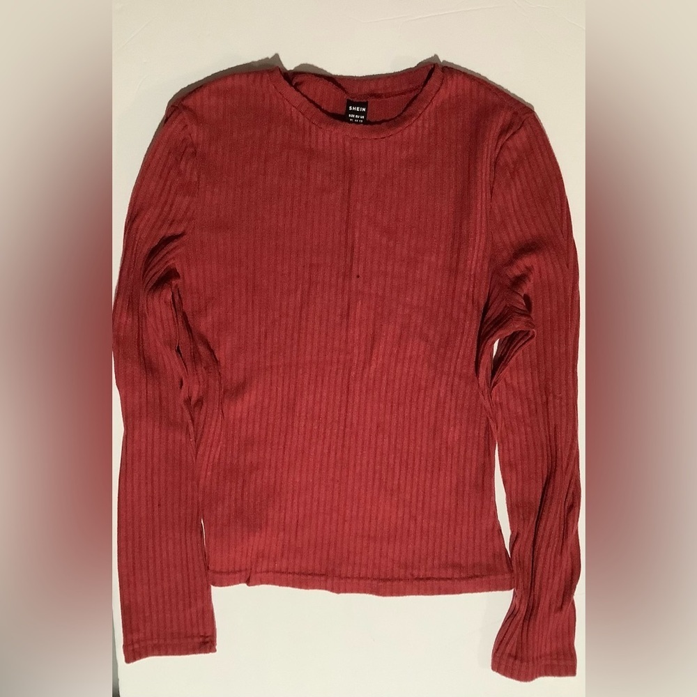 SHEIN Ribbed Long Sleeve Top - Rich Red